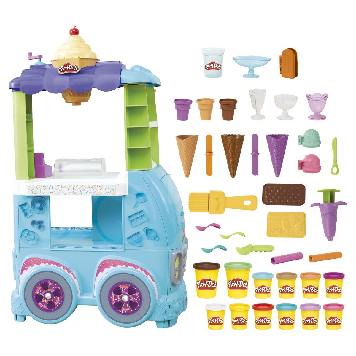 HASBRO Play-Doh Camion de glace géant, 27 accessoires et 12 pots de pâte à modeler, sons réalistes