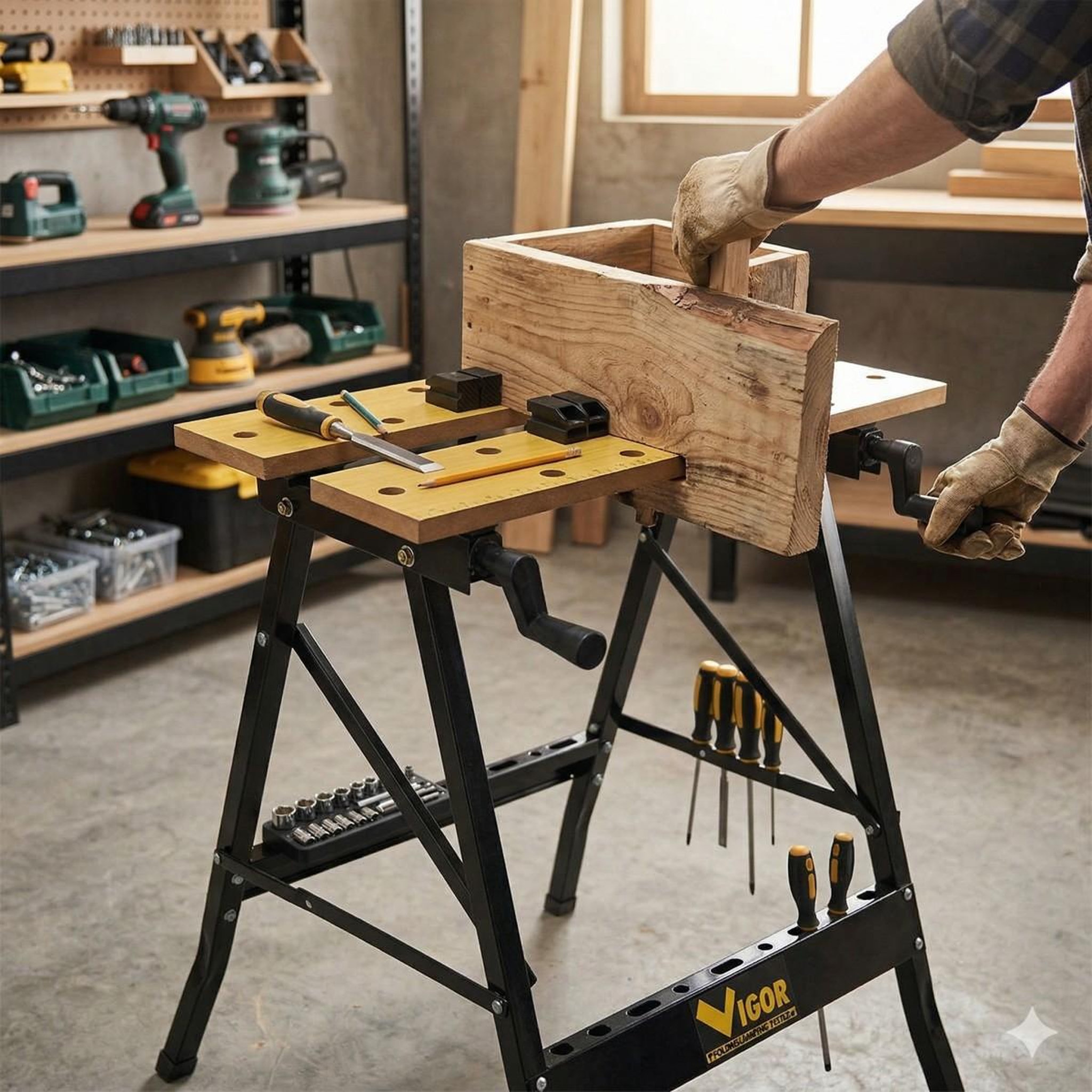 Voir la diapositive 3 : INTEC Etabli pliable multiposition charge 150kg - table de travail portable etau réglage 20 à 35 cm bricolage sciage ateliers intec