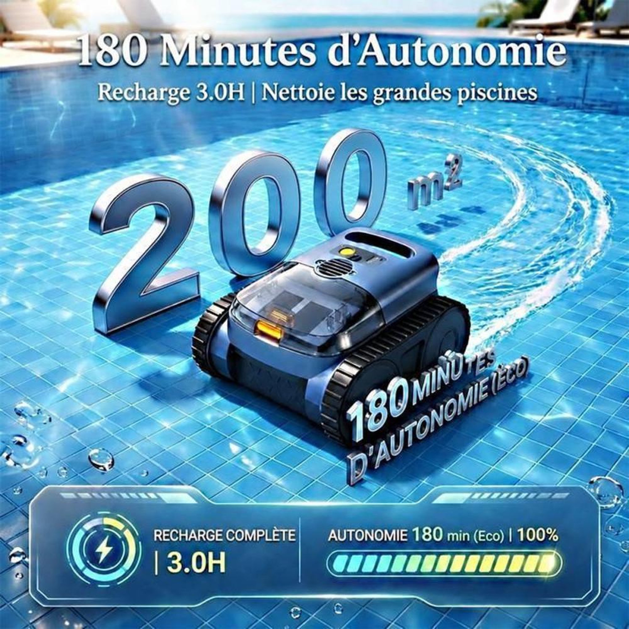 Voir la diapositive 2 : Nettoyeur de piscine robot sans fil gyroscope bleu pour fond, parois et ligne d'eau jusqu'à 200 m²