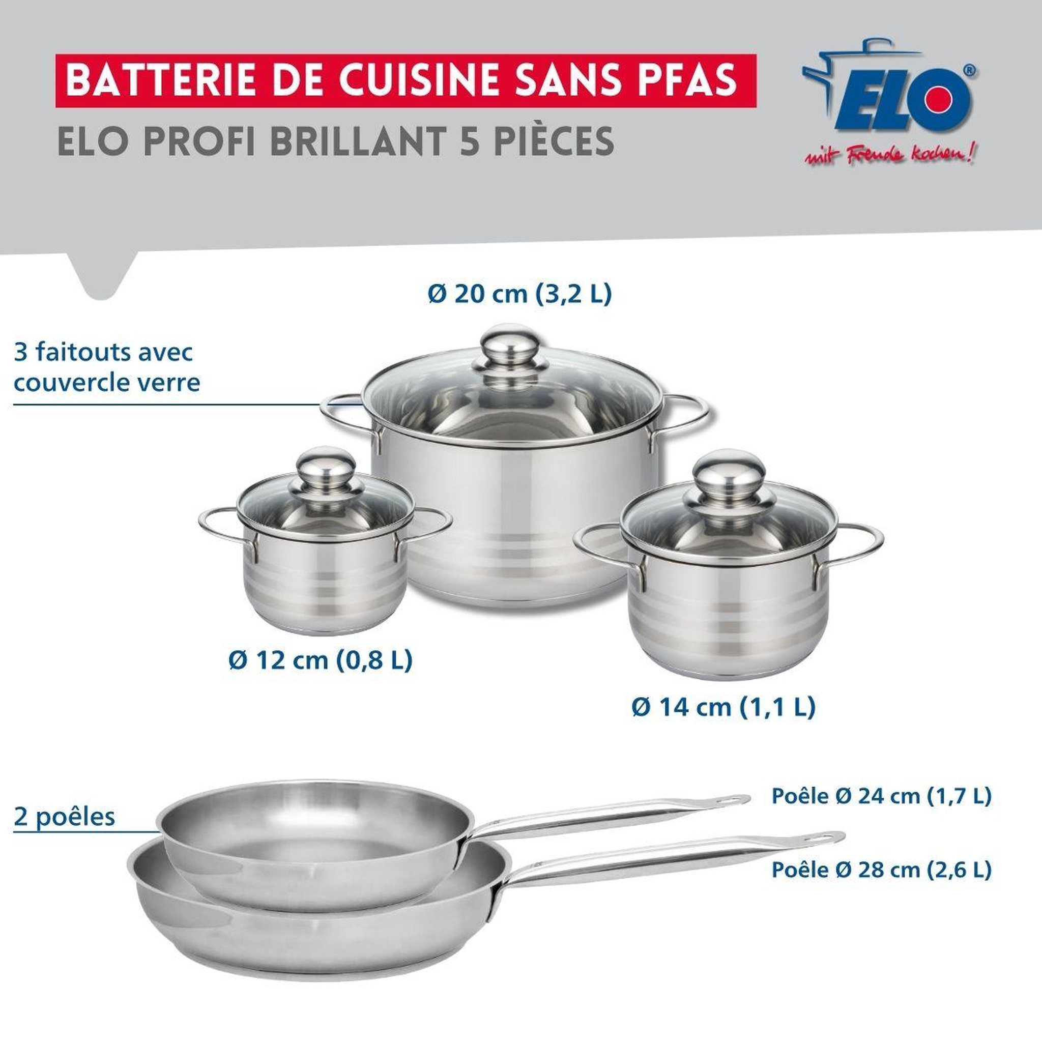 Voir la diapositive 2 : ELO Ensemble de 2 poêles de cuisson 24 et 28 cm et 3 faitouts 12, 14 et 20 cm elo profi brillant