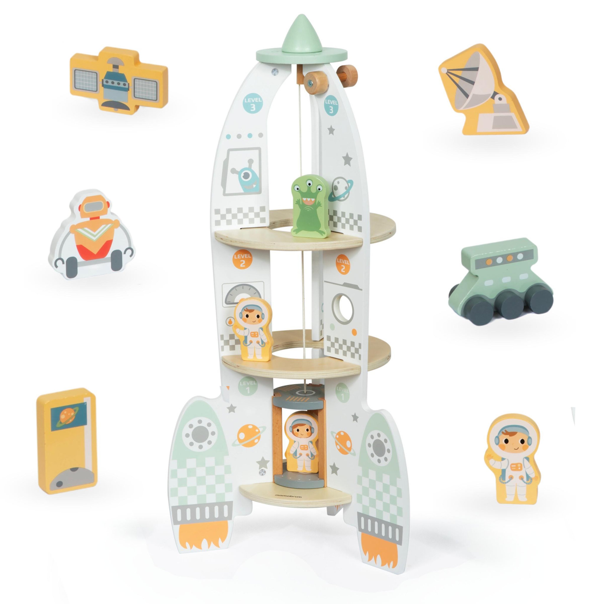 MAMABRUM Grande Fusée Spatiale en Bois avec Ascenseur, Astronautes et Accessoires, 60 cm