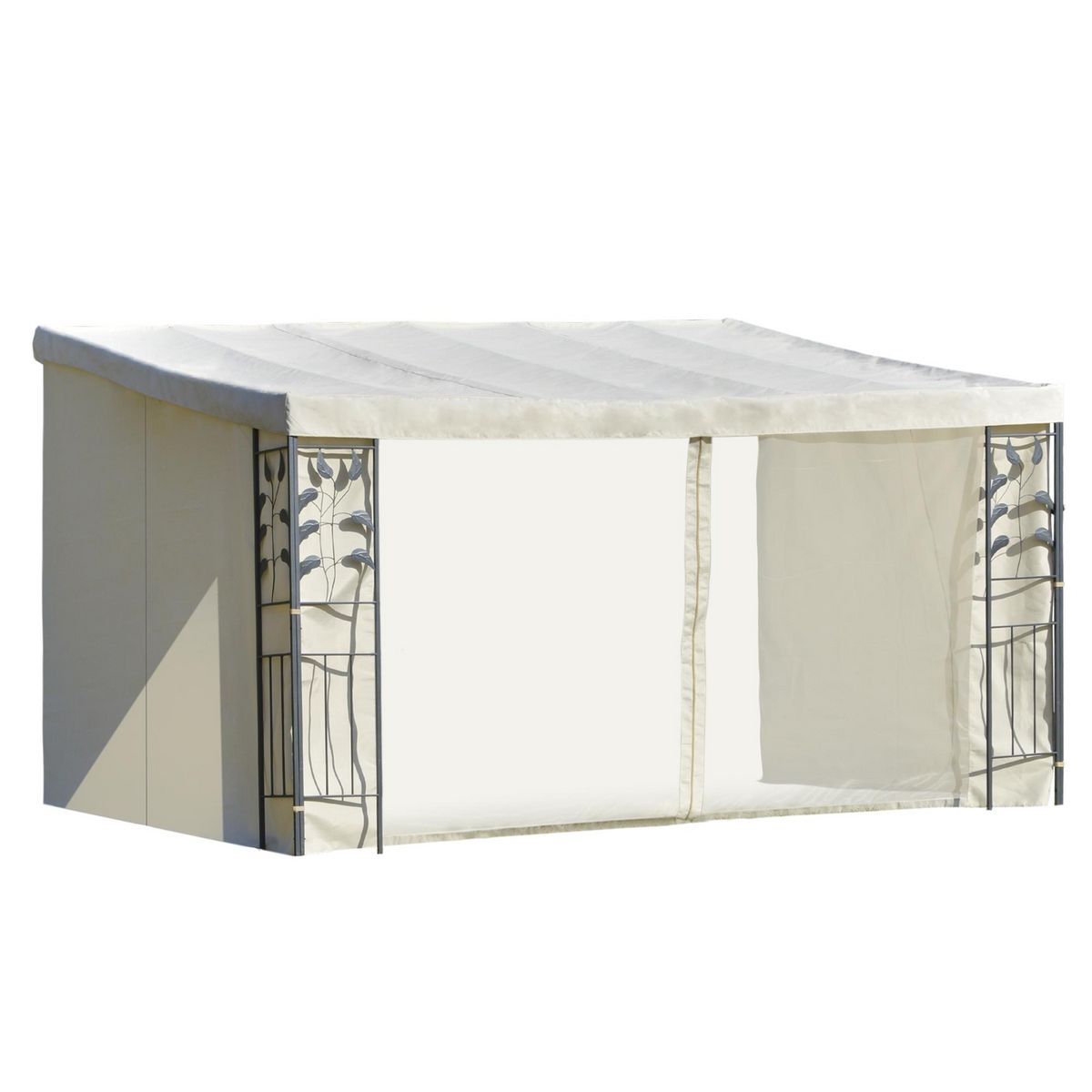 OUTSUNNY Pergola adossable dim. 4L x 3l x 2,7H m pavillon de jardin toile polyester haute densité moustiquaires crème structure métal époxy gris