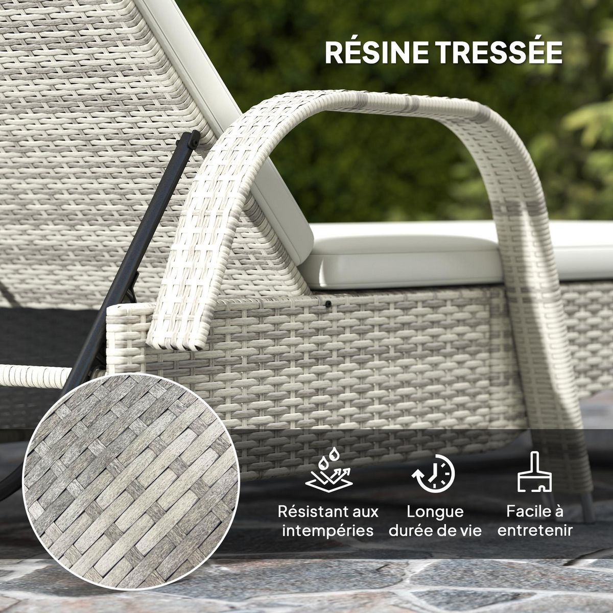 OUTSUNNY Lot de 2 bains de soleil inclinables tout confort avec table d'appoint résine tressée crème
