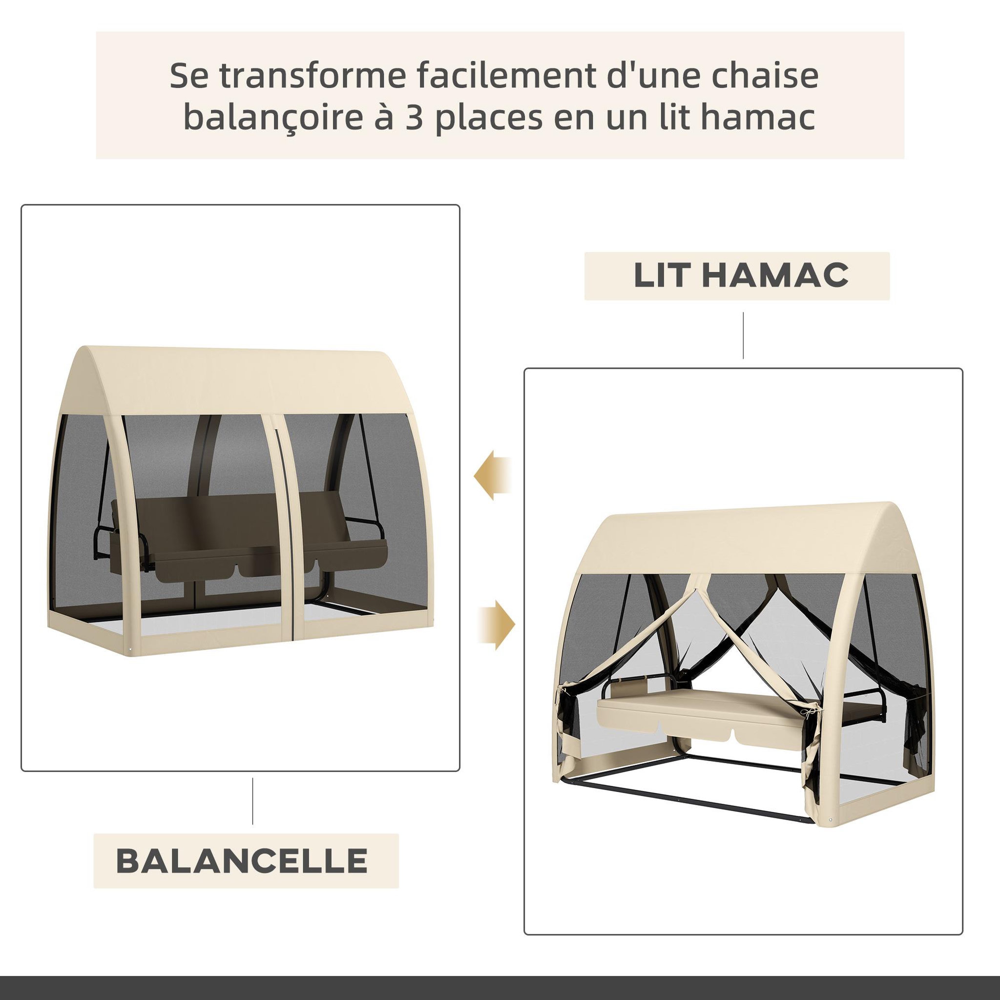 Voir la diapositive 4 : OUTSUNNY Balancelle de jardin convertible 3 places - matelas assise dossier, moustiquaire intégrale, toit - métal polyester beige
