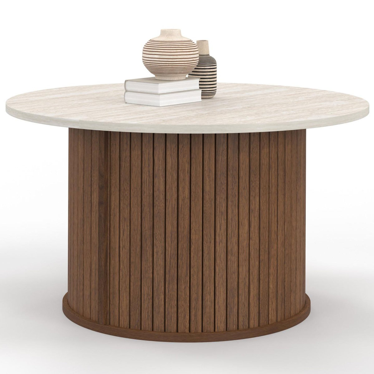 ID MARKET Table basse ronde JULIETTE 70 cm lattes effet noyer et plateau travertin