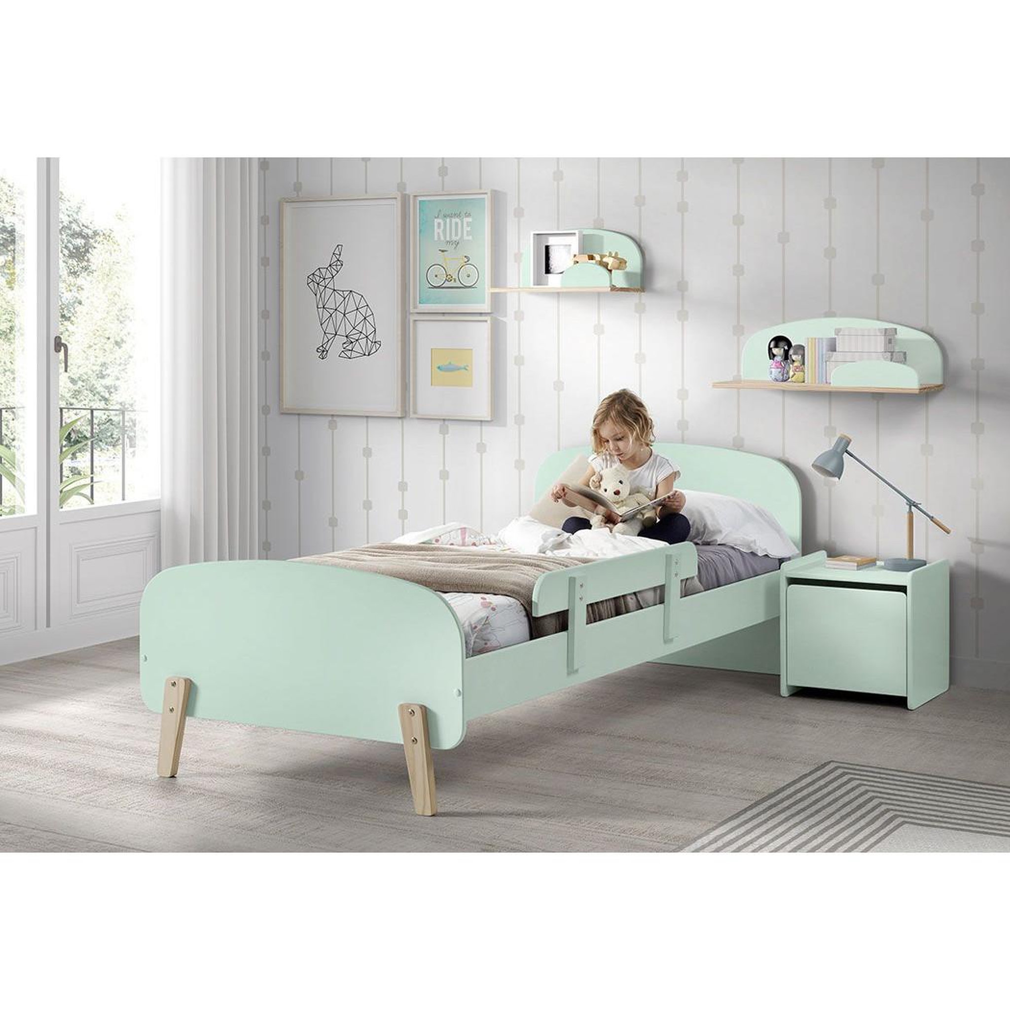 Voir la diapositive 5 : Paris Prix Pack - lit enfant, barrière & chevet  kiddy  90x200cm vert menthe