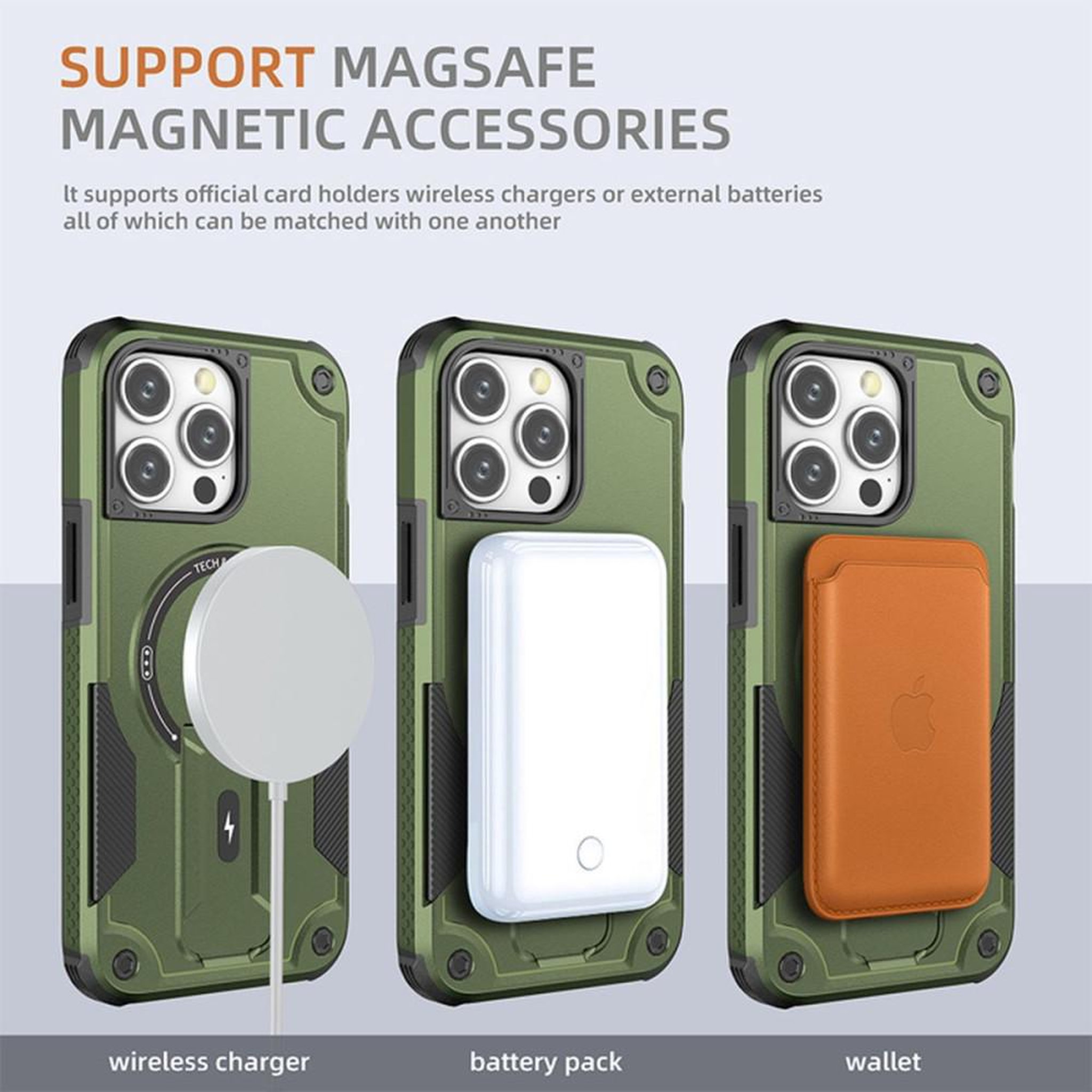 Voir la diapositive 6 : Coque iPhone 15 Pro Max MagSafe magnétique HCT Style verte anti-choc avec support intégré et anneau
