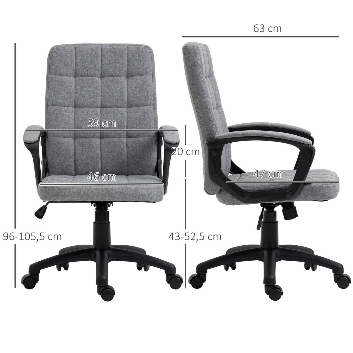 VINSETTO Chaise de bureau design Chesterfield effet capitonné hauteur réglable pivotant 360° tissu gris