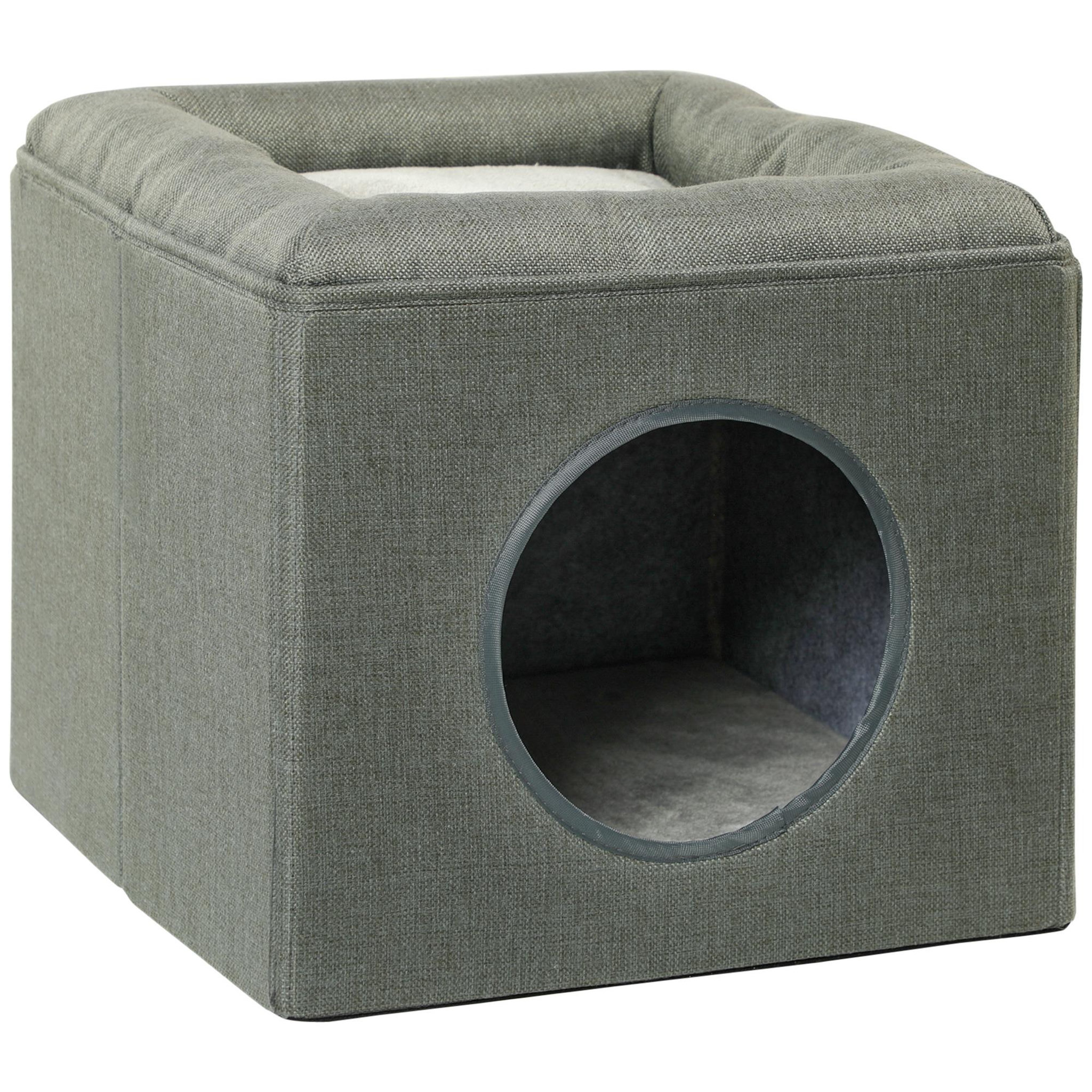 PAWHUT Panier chat pouf 2 en 1 - coussin amovible lavable - mdf pvc tissu aspect lin vert de gris