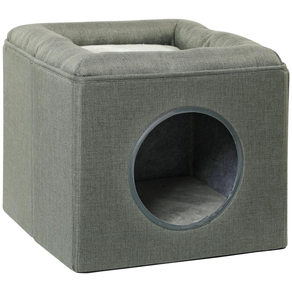 PAWHUT Panier chat pouf 2 en 1 - coussin amovible lavable - MDF PVC tissu aspect lin vert de gris