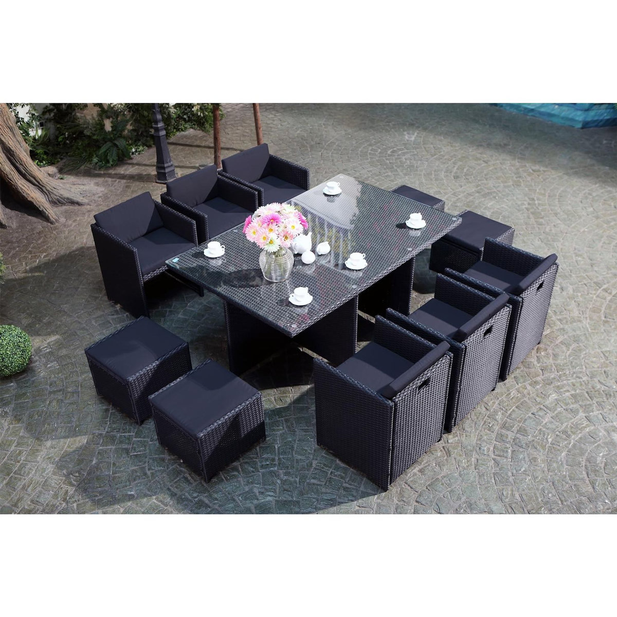 CONCEPT USINE MIAMI - Salon de jardin 10 places noir-noir + housse de protection MIAMI