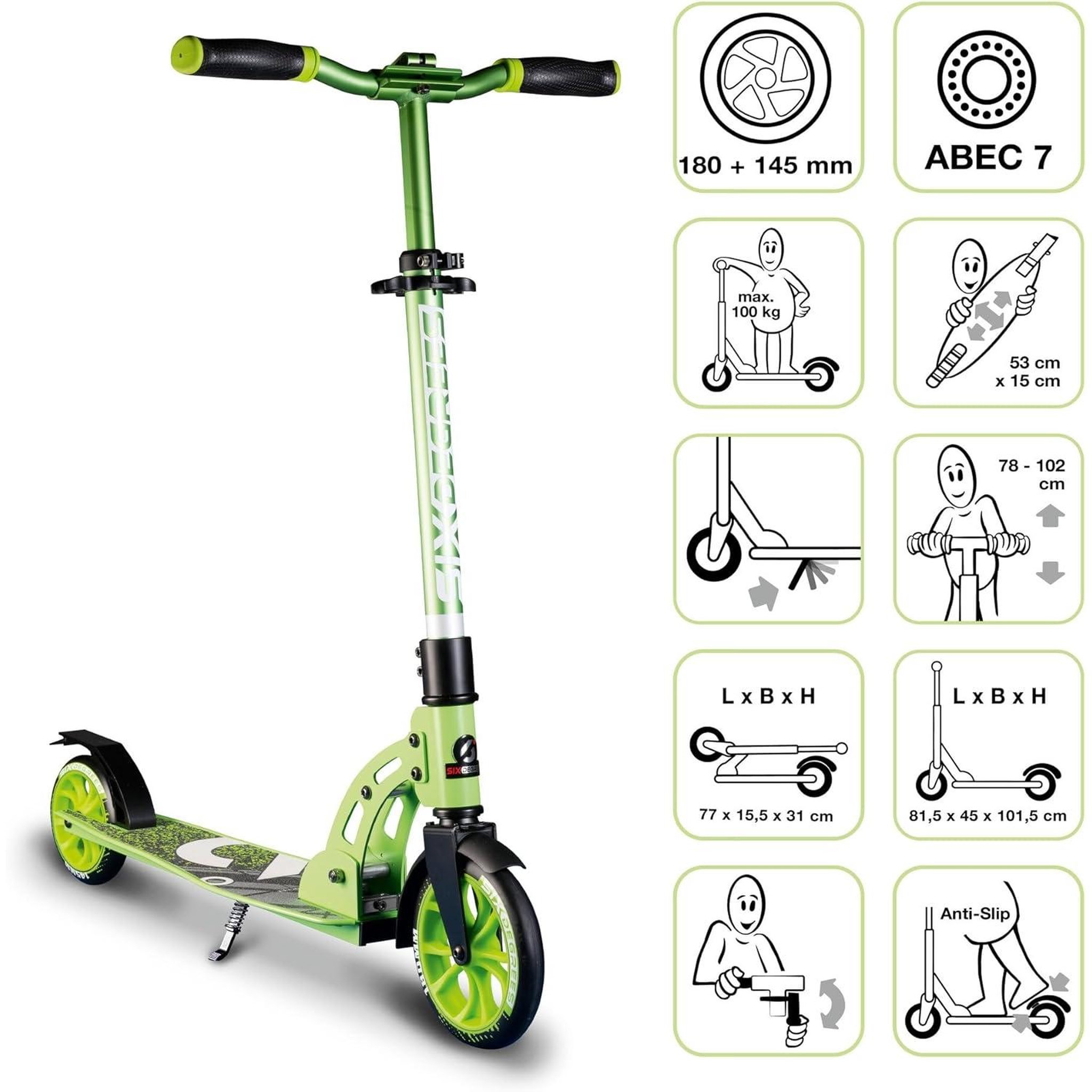 Voir la diapositive 2 : SIX DEGREES Trottinette junior aluminium - mécanisme de pliage et béquille - 180/145 mm