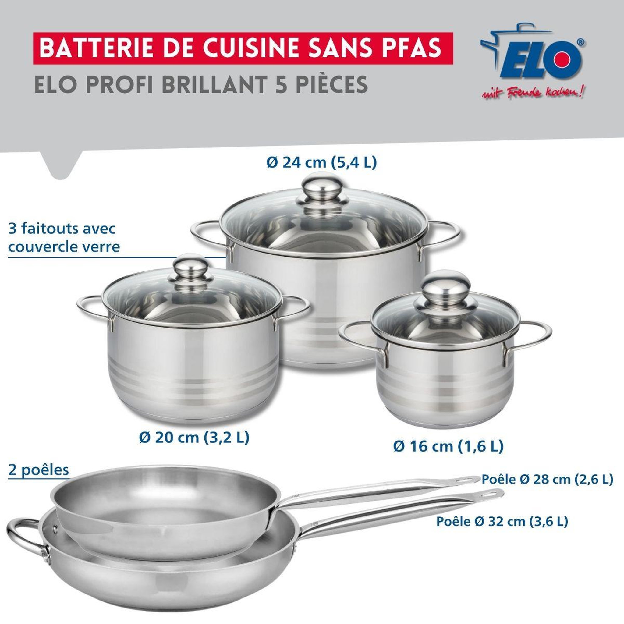 Voir la diapositive 2 : ELO Ensemble de 2 poêles de cuisson 28 et 32 cm et 3 faitouts 16, 20 et 24 cm elo profi brillant