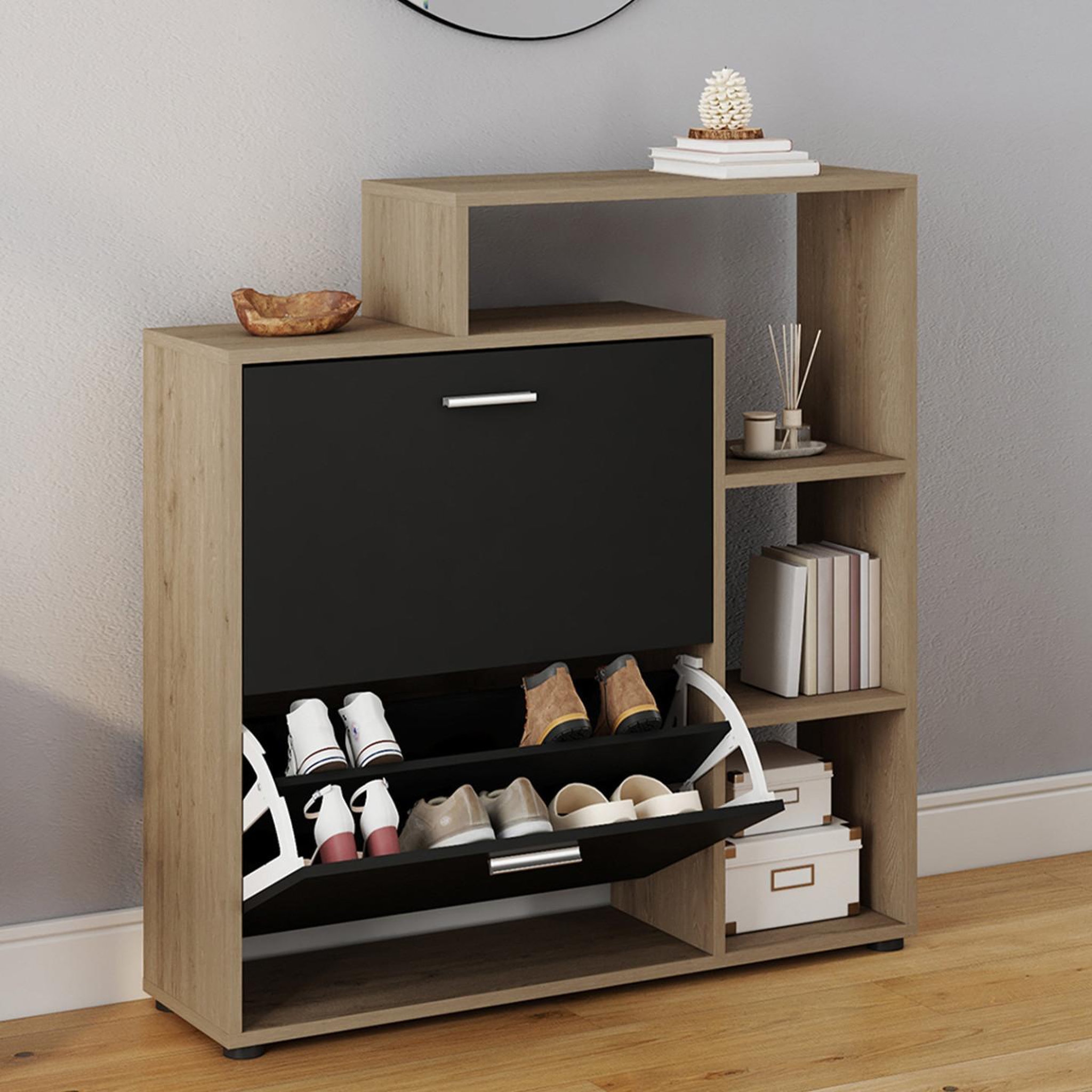 Voir la diapositive 2 : ID MARKET Meuble à chaussures 12 paires klark imitation hêtre 2 portes noires avec étagères