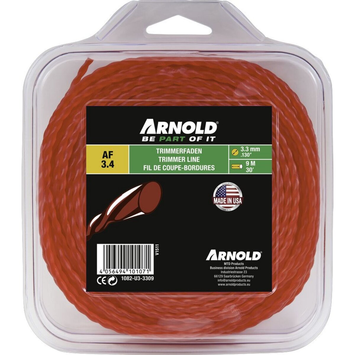 ARNOLD Fil de coupe-bordure rond en nylon torsadé rouge AF 3,4, 3,3 mm × 9 m