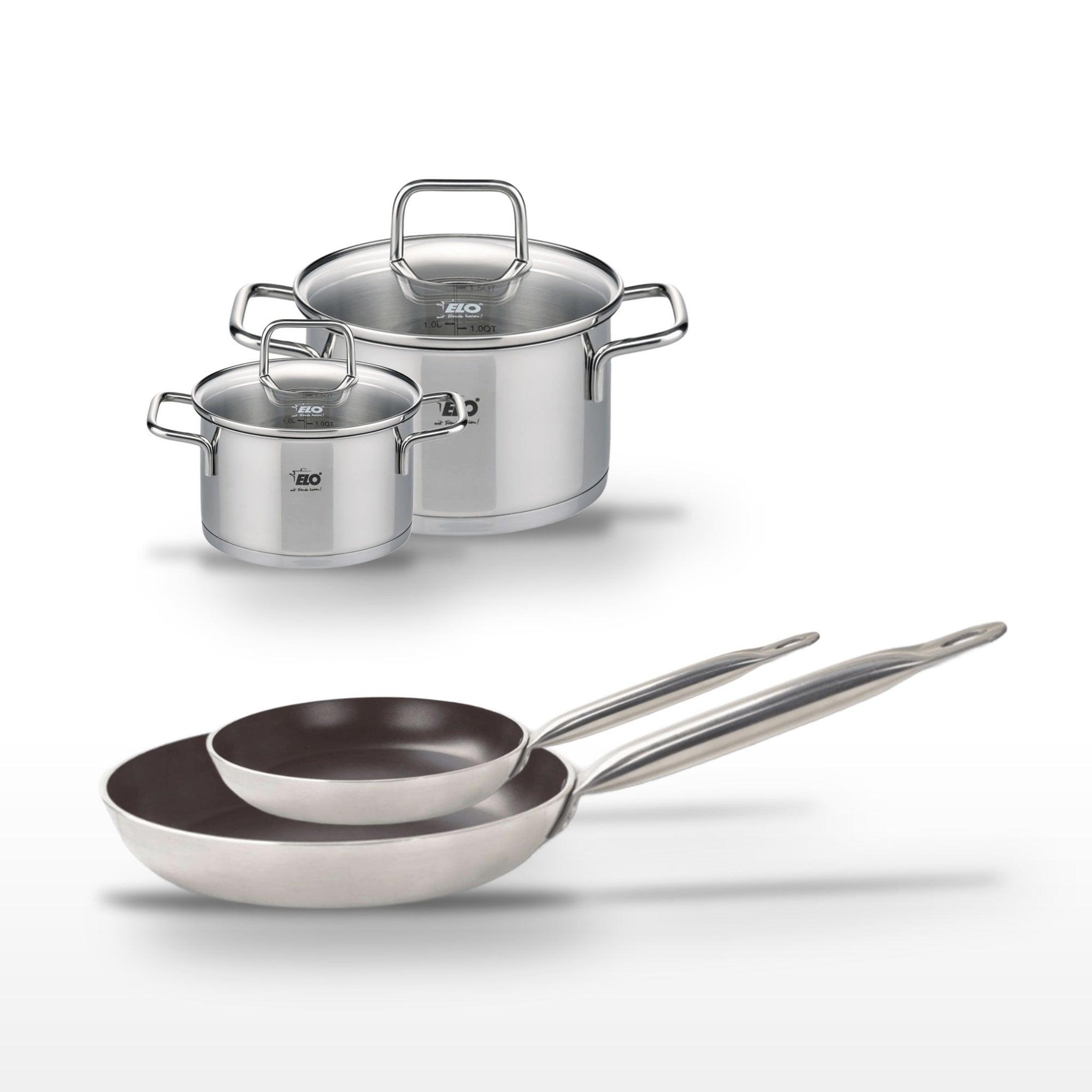 ELO Lot poêles 24cm & 32cm avec revêtement céramique sans pfas et faitouts 14cm & 20cm elo bistro line citrin