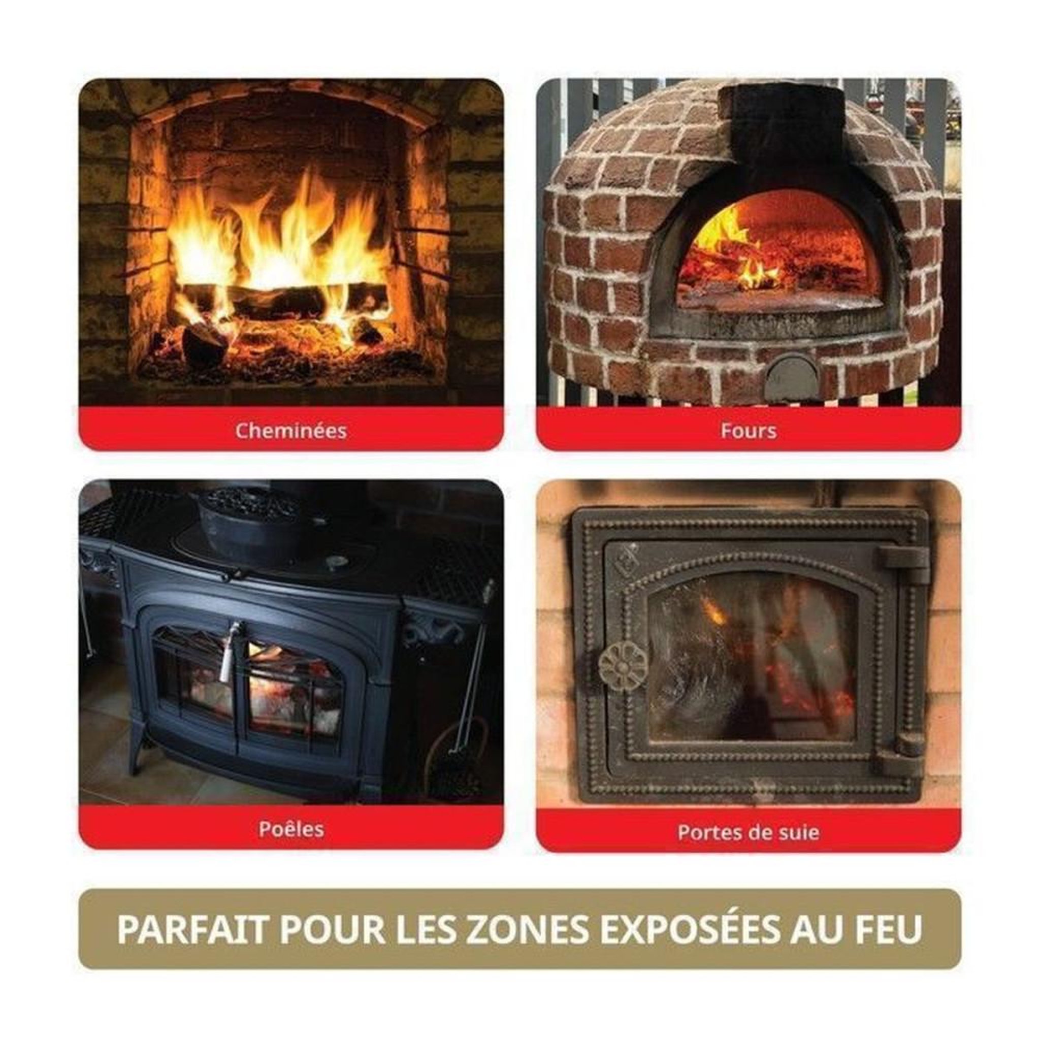 Voir la diapositive 5 : Mastic réfractaire monocomposant pour joints cheminée poêle, résistant jusqu'à 1500 °C, sans solvant, tube 300 ml, noir/gris