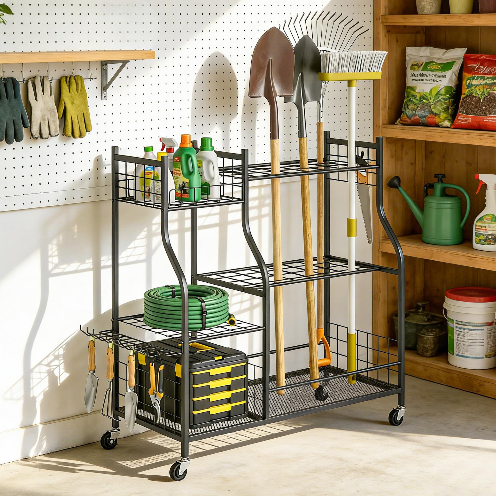 Voir la diapositive 2 : OUTSUNNY Organisateur d'outils de jardin - chariot de jardin - 11 crochets, 32 compartiments, 3 étagères - acier noir