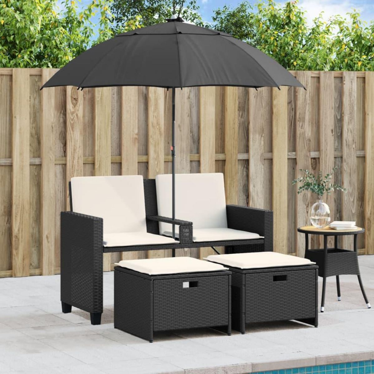 VIDAXL Canape de jardin 2 places avec parasol et tabourets noir rotin