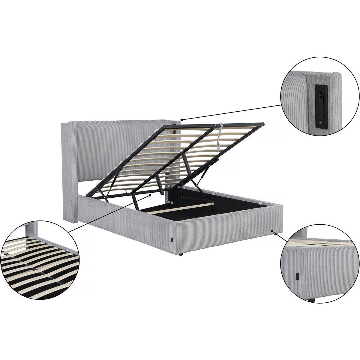 Habitat et Jardin Lit double en velours côtelé avec coffre et lampe intégré  Cortina  - 160 x 200 cm - Gris