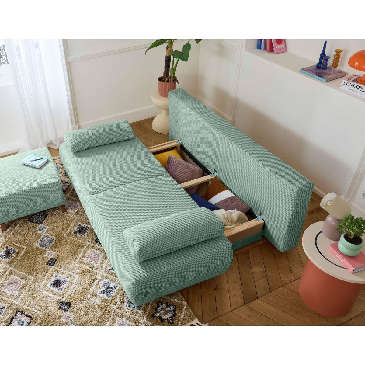 BEST MOBILIER Cristal - canapé 3 places - convertible avec coffre et pouf - en velours texturé