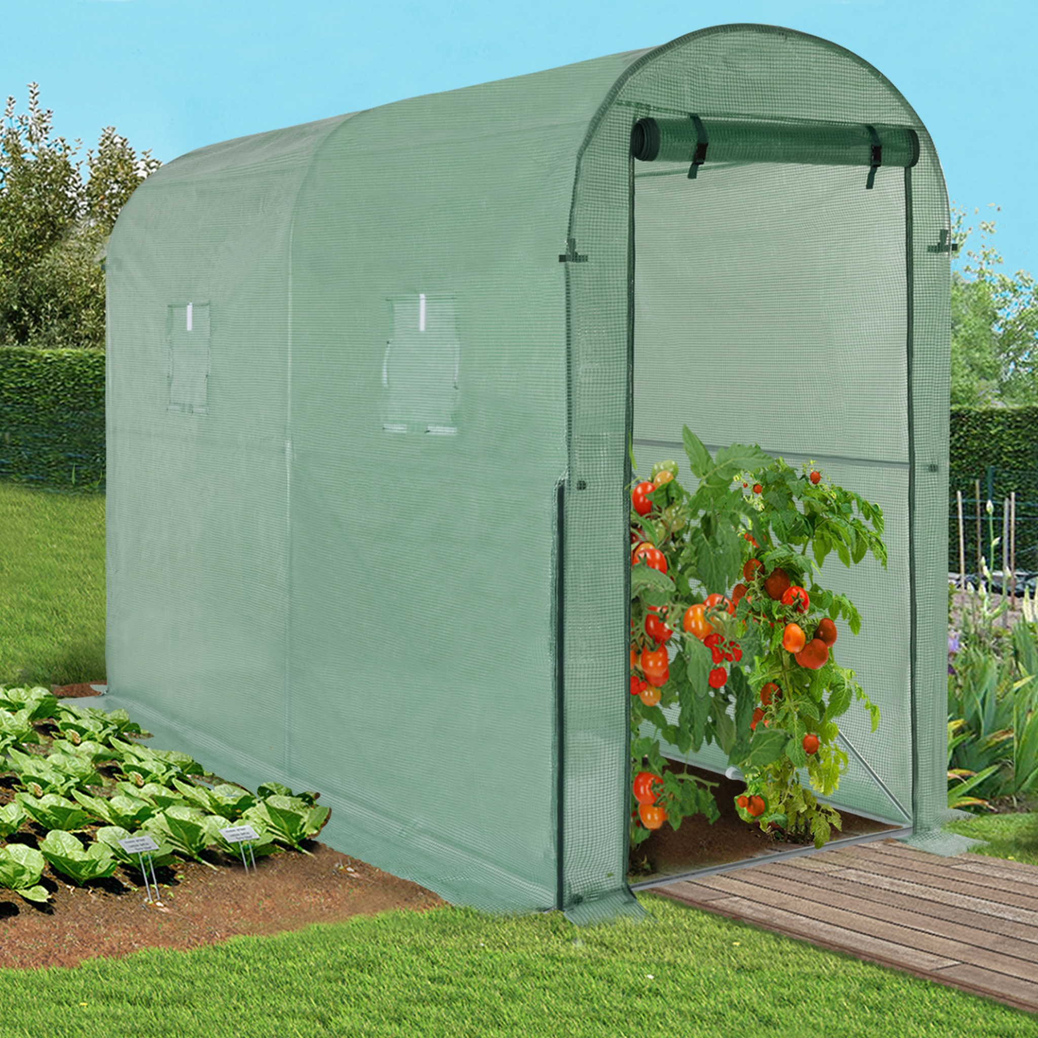 Voir la diapositive 3 : ID MARKET Serre à tomates de jardin 3m² 3 x 1 x 2 m acier galvanisé + bâche anti-uv relevable avec porte et 2 fenêtres verte