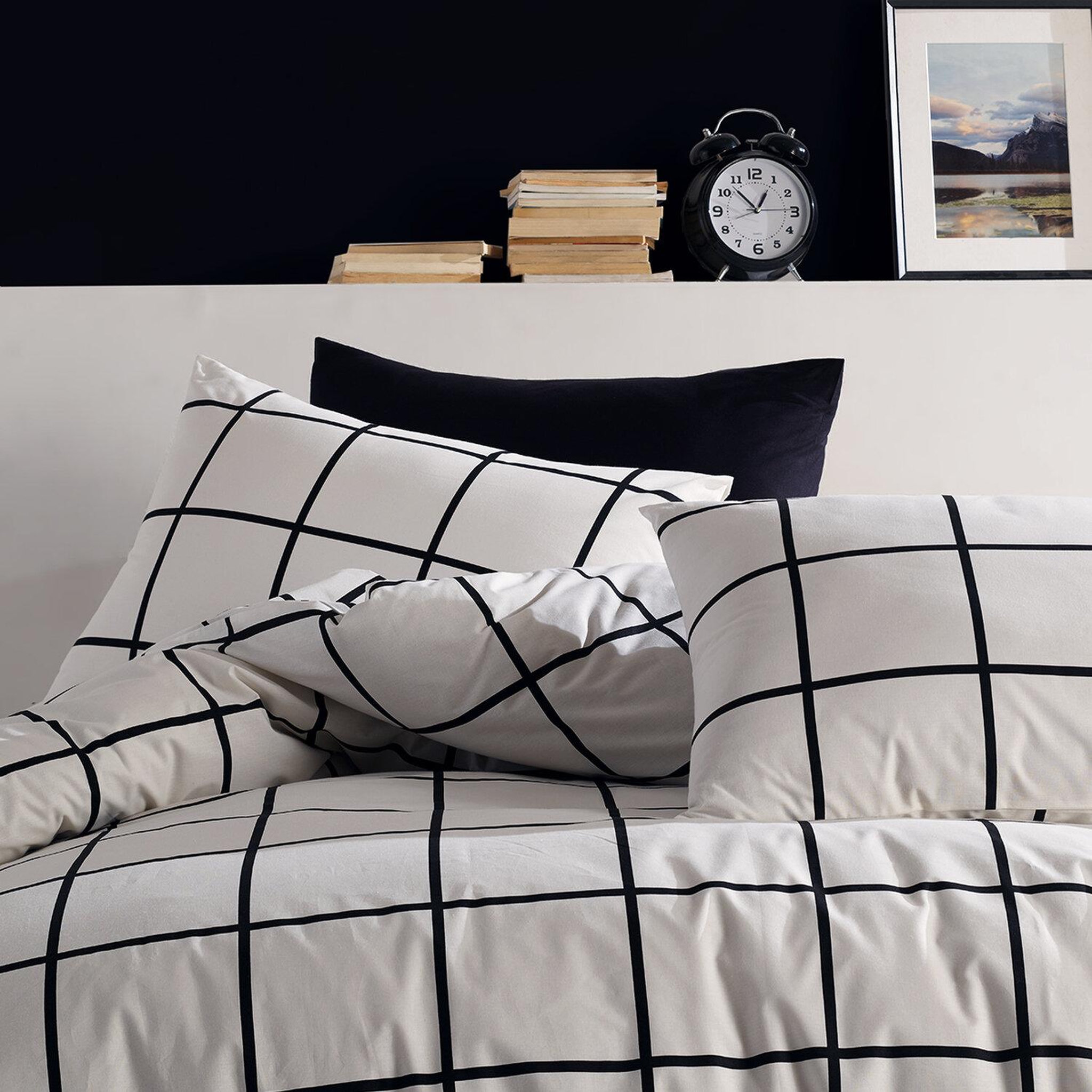 Voir la diapositive 2 : Home collection Parure Housse de couette 3 pcs 240x220 cm 100% coton 57 fils imprimé. Carreaux noir
