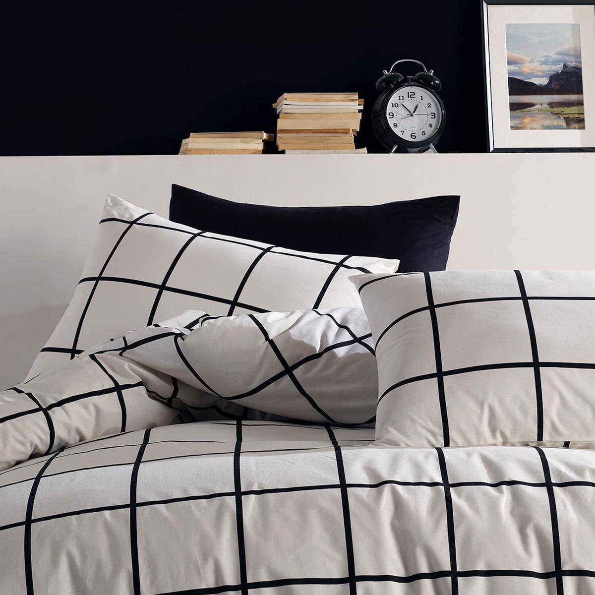 Home collection Parure Housse de couette 3 pcs 240x220 cm 100% coton 57 fils imprimé. Carreaux noir