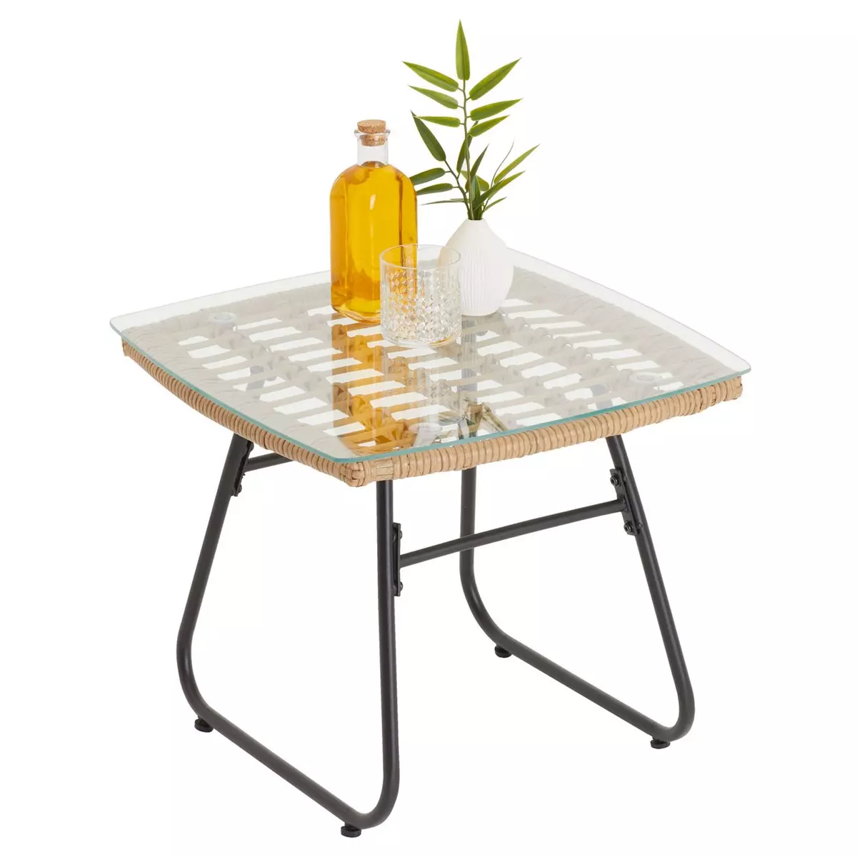 IDIMEX Table d'appoint pour jardin COSTA, table basse d'extérieur, plateau carré en verre et imitation rotin, piètement en acier noir