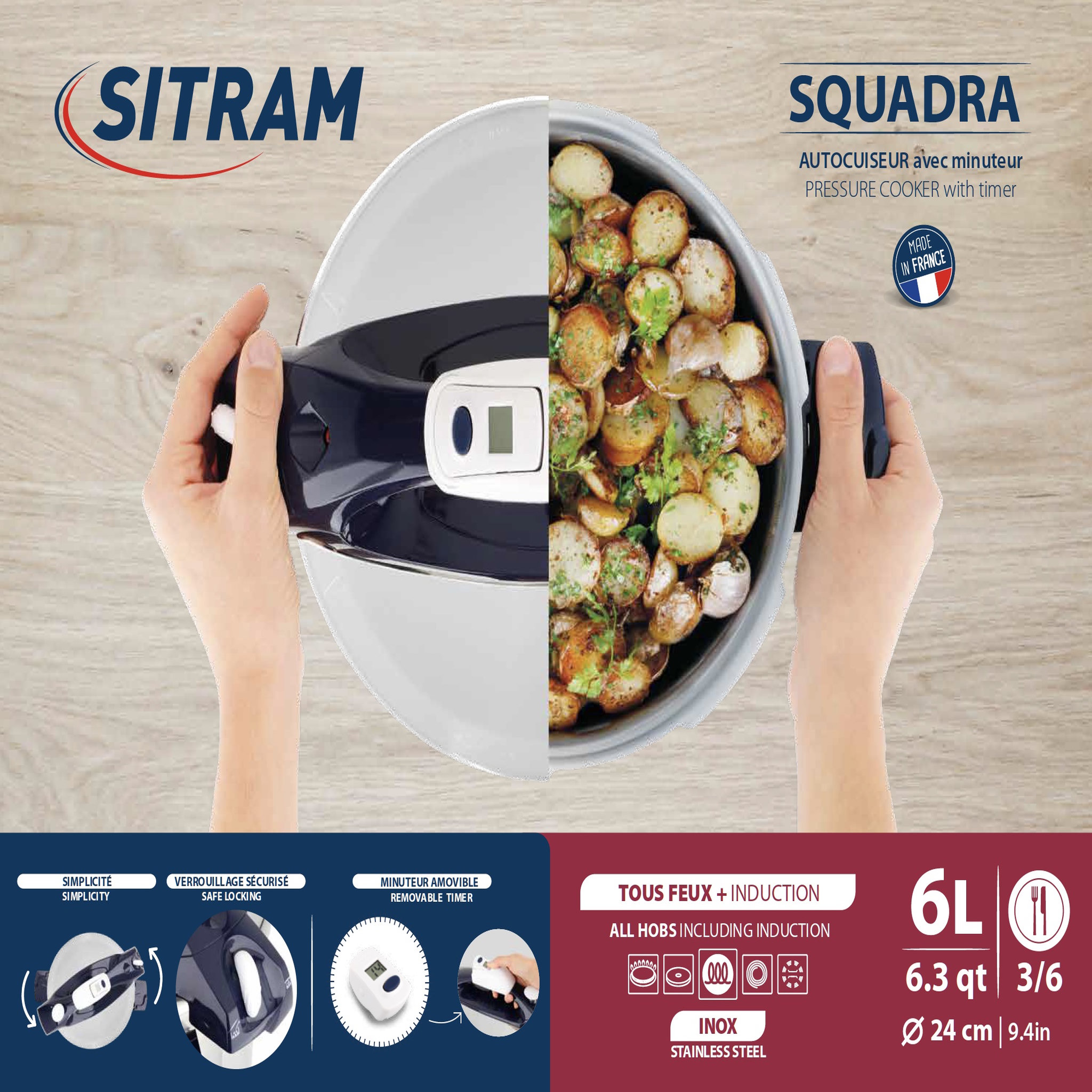 Voir la diapositive 3 : SITRAM Autocuiseur 6L en inox avec panier vapeur