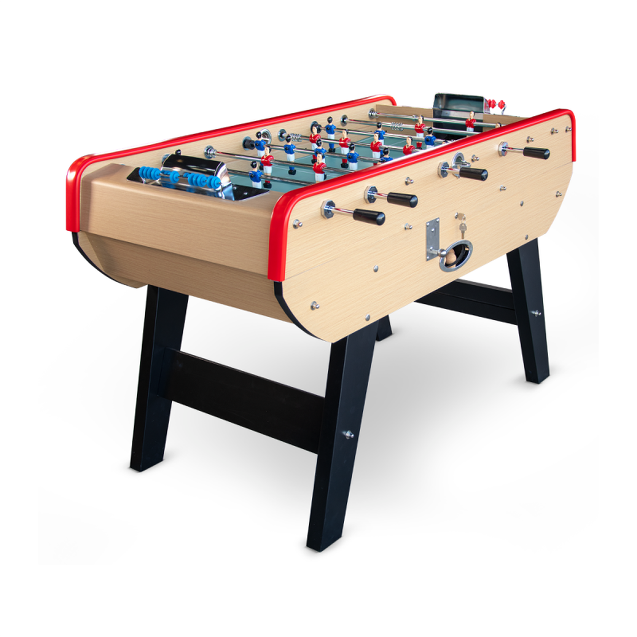 Voir la diapositive 1 : PLAY4FUN Baby-foot Olympic avec Monnayeur intégré, Barres Télescopiques et 10 Balles en Liège 149,5 x 77 x 95 cm  - Bois Clair