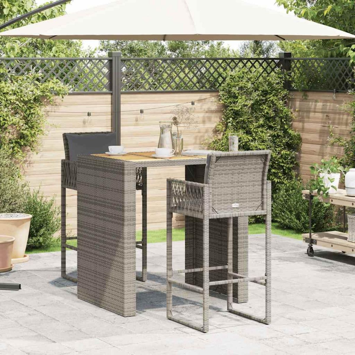 VIDAXL Ensemble de bar de jardin 3 pcs et coussins gris resine tressee