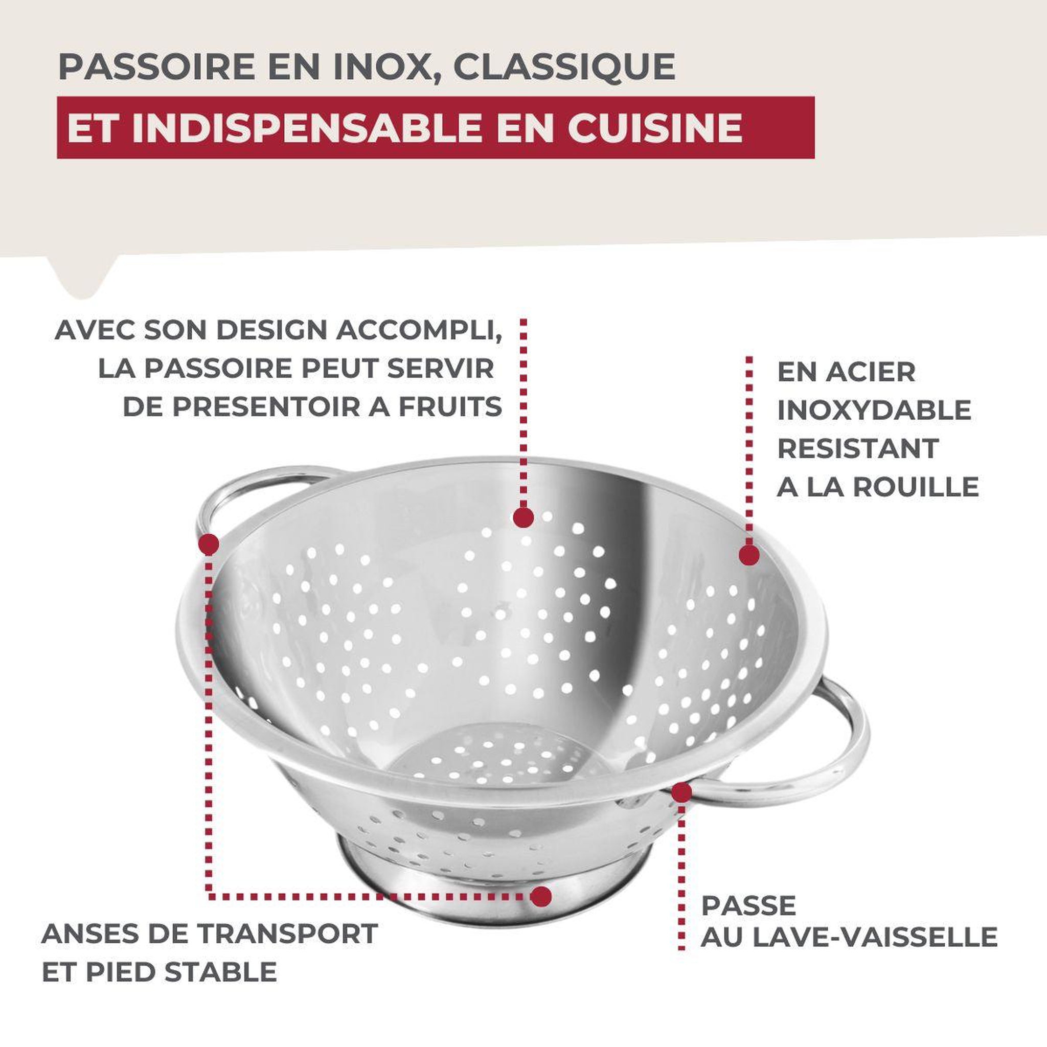 Voir la diapositive 4 : Fackelmann Passoire inox 24 cm avec anses fackelmann