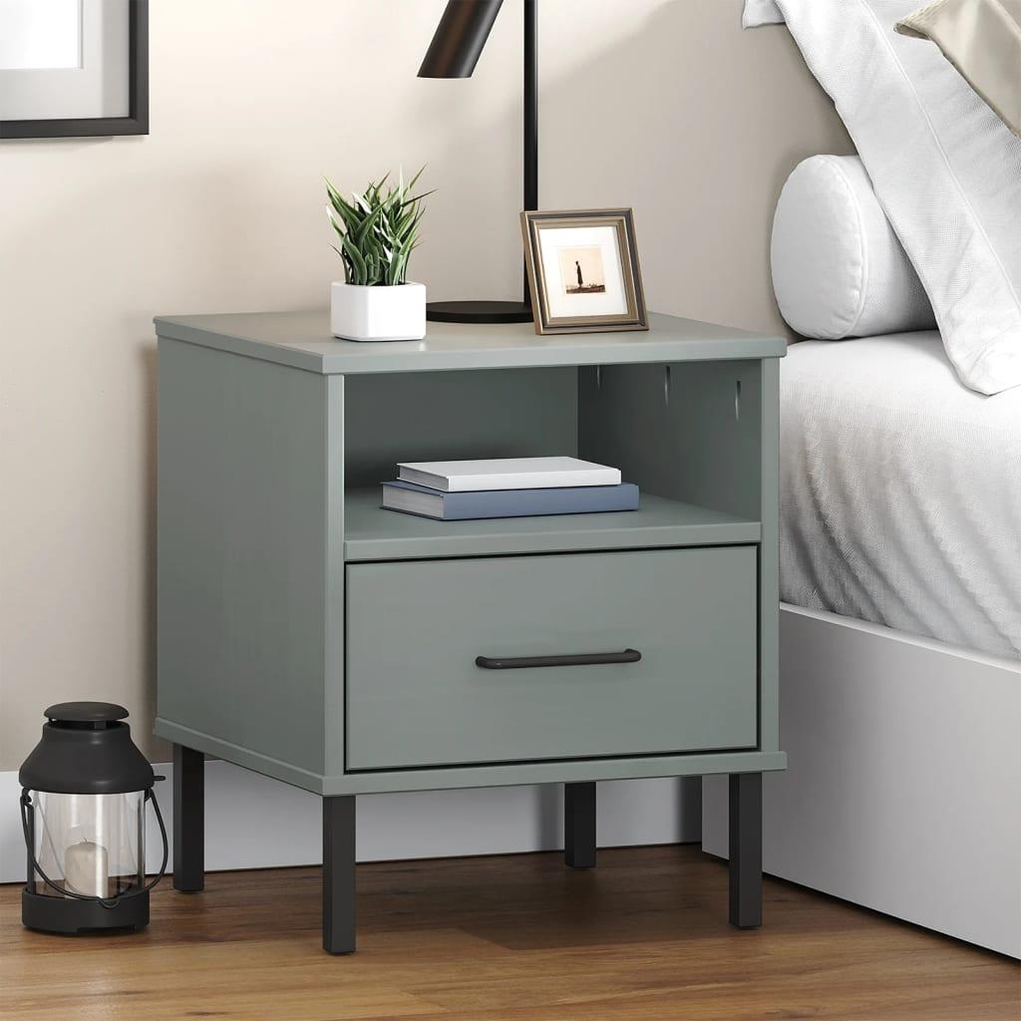 Voir la diapositive 1 : VIDAXL Table de chevet avec pieds en metal Gris Bois pin massif OSLO