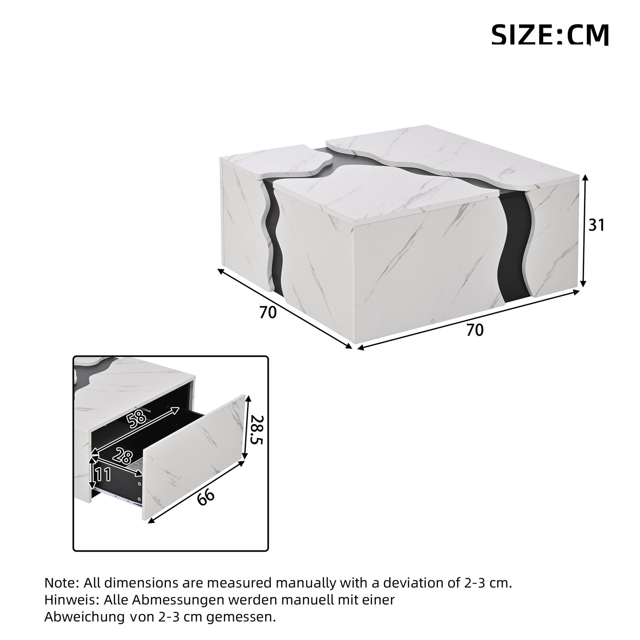 Voir la diapositive 3 : MERAX Table basse carrée blanc avec 1 tiroir - 70x70 cm panneau de particules