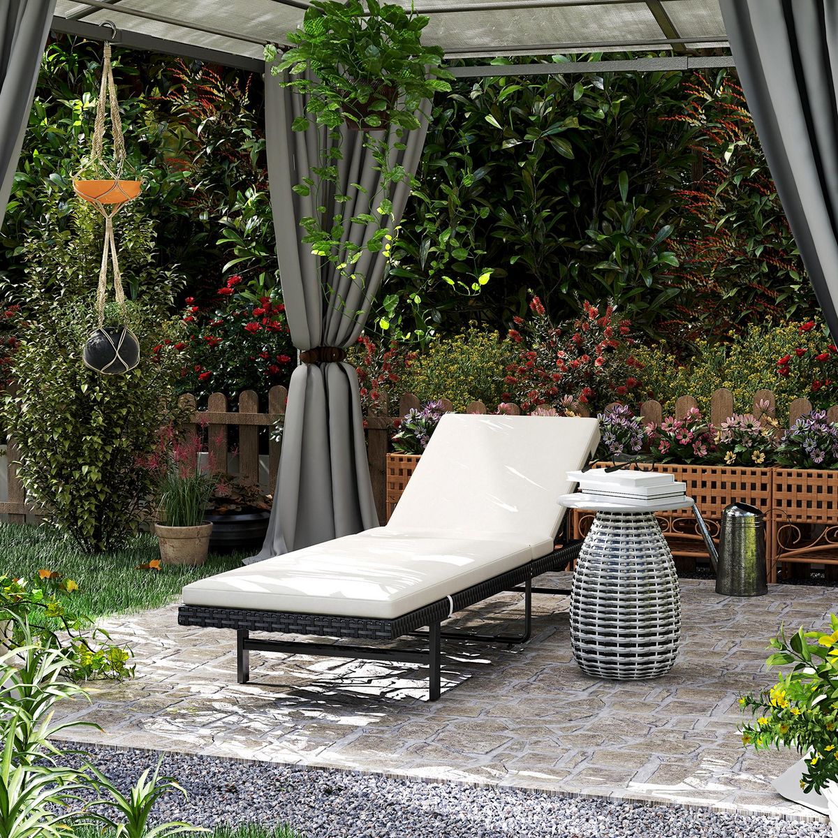 OUTSUNNY Bain de soleil transat inclinable 2 roues - épais matelas intégré blanc cassé -  acier résine tressée noir