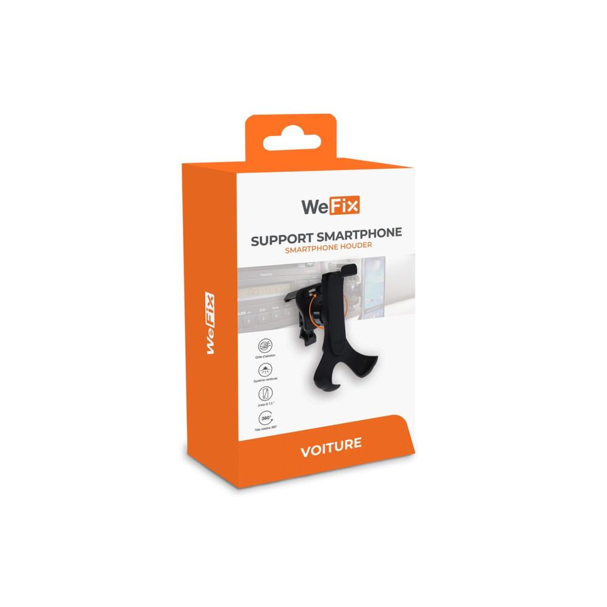 Voir la diapositive 4 : Support auto pour smartphone avec ventouse sur grille d'aération, noir, tête rotative 360°, compatible jusqu'à 7,5 pouces
