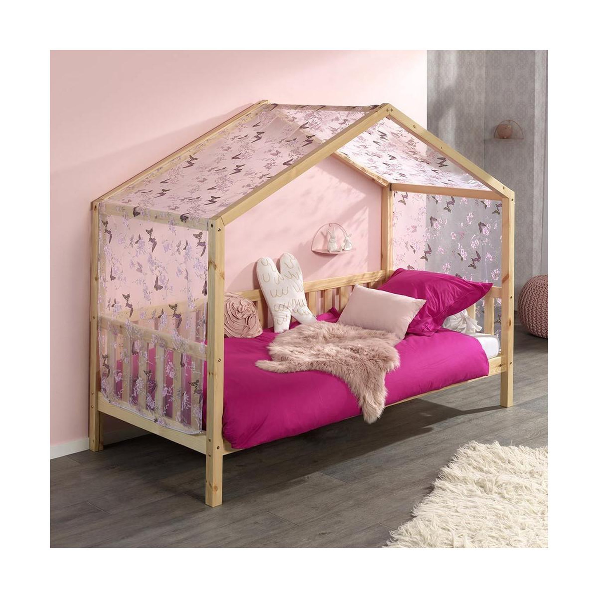 Paris Prix Pack - lit enfant cabane, barrière & voile  dallas ii  90x200cm naturel