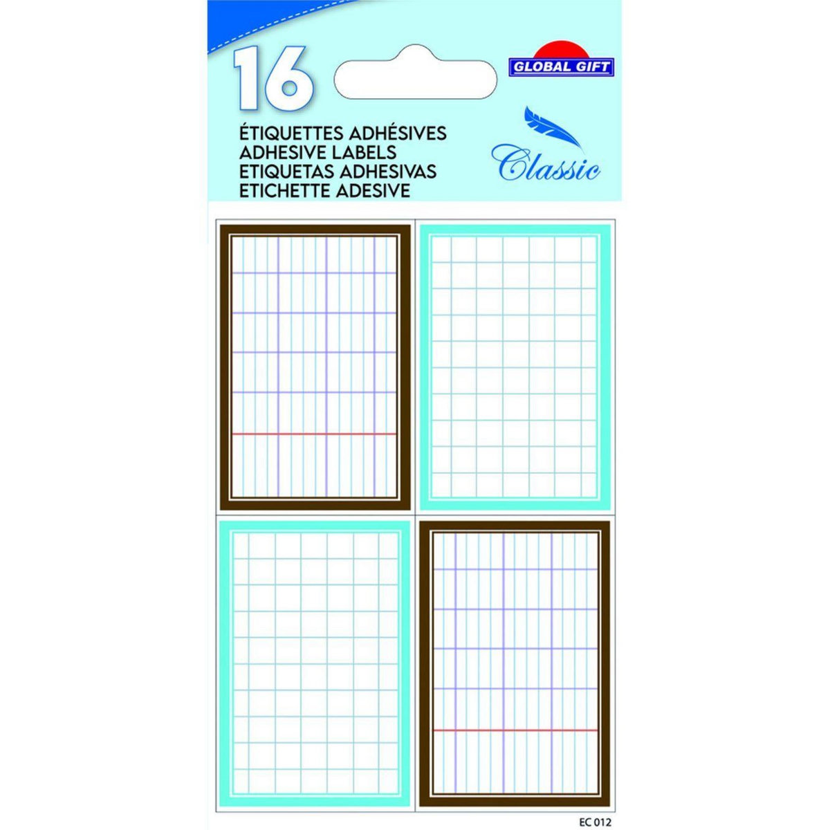GLOBAL GIFT 16 étiquettes adhésives scolaires - Rectangles effet cahier - bleu et marron