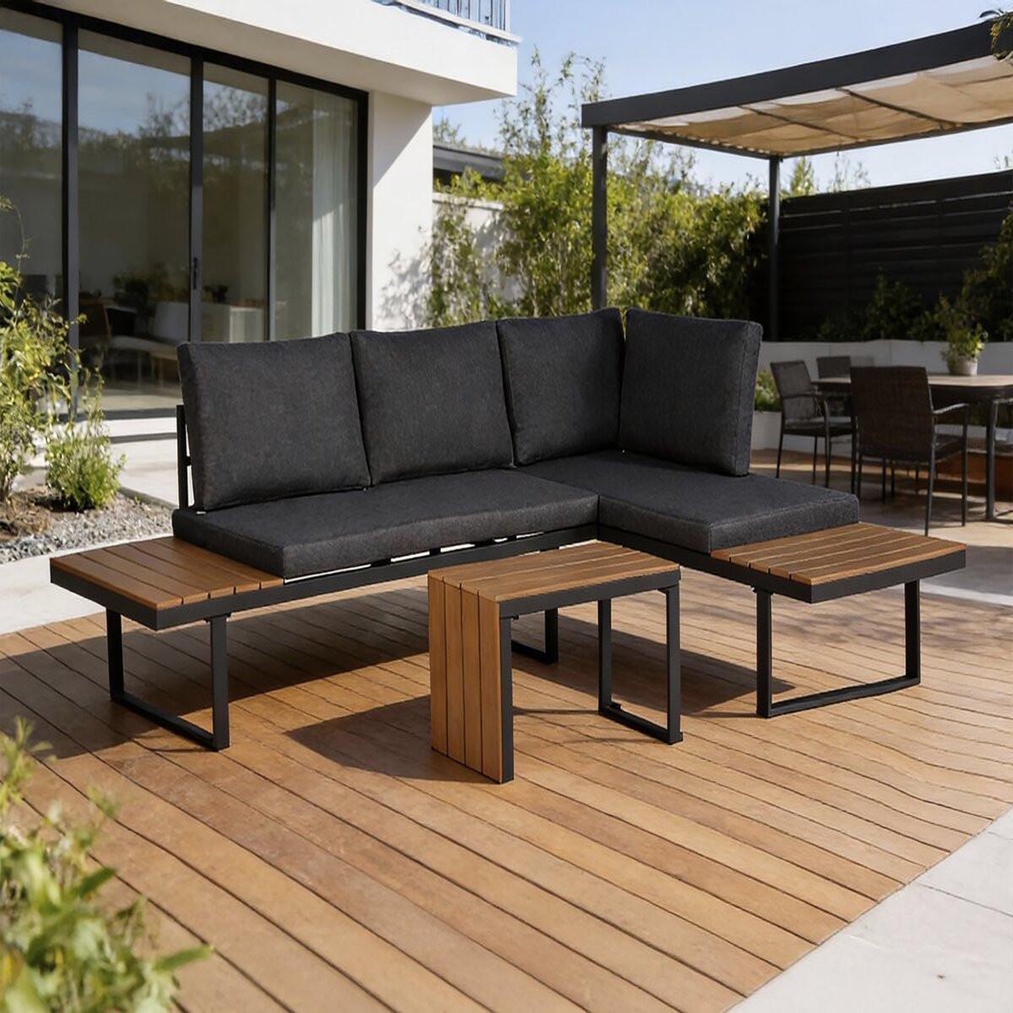 Voir la diapositive 2 : Habitat et Jardin Salon de jardin canapé d'angle modulable décor imitation bois  sylva  - 4 places - gris
