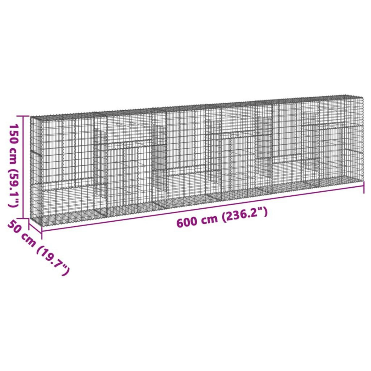 VIDAXL Panier gabion avec couvercle 600x50x150 cm fer galvanise