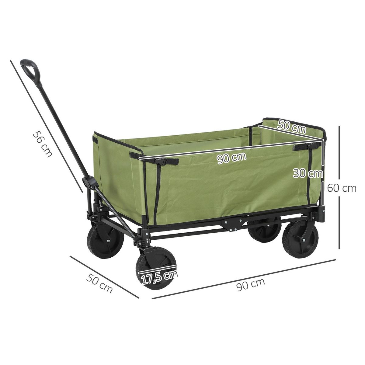 OUTSUNNY Chariot de jardin pliable 130L - housse zippée amovible, poignée télescopique mobile - acier noir tissu kaki