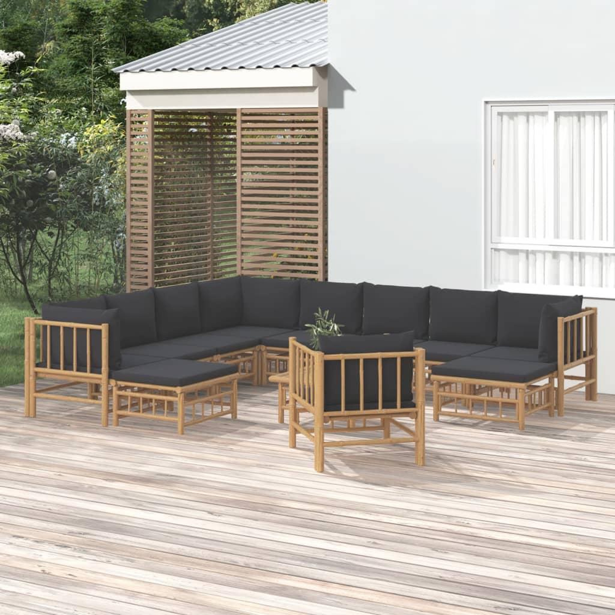 Voir la diapositive 1 : VIDAXL Salon de jardin 12 pcs avec coussins gris fonce bambou