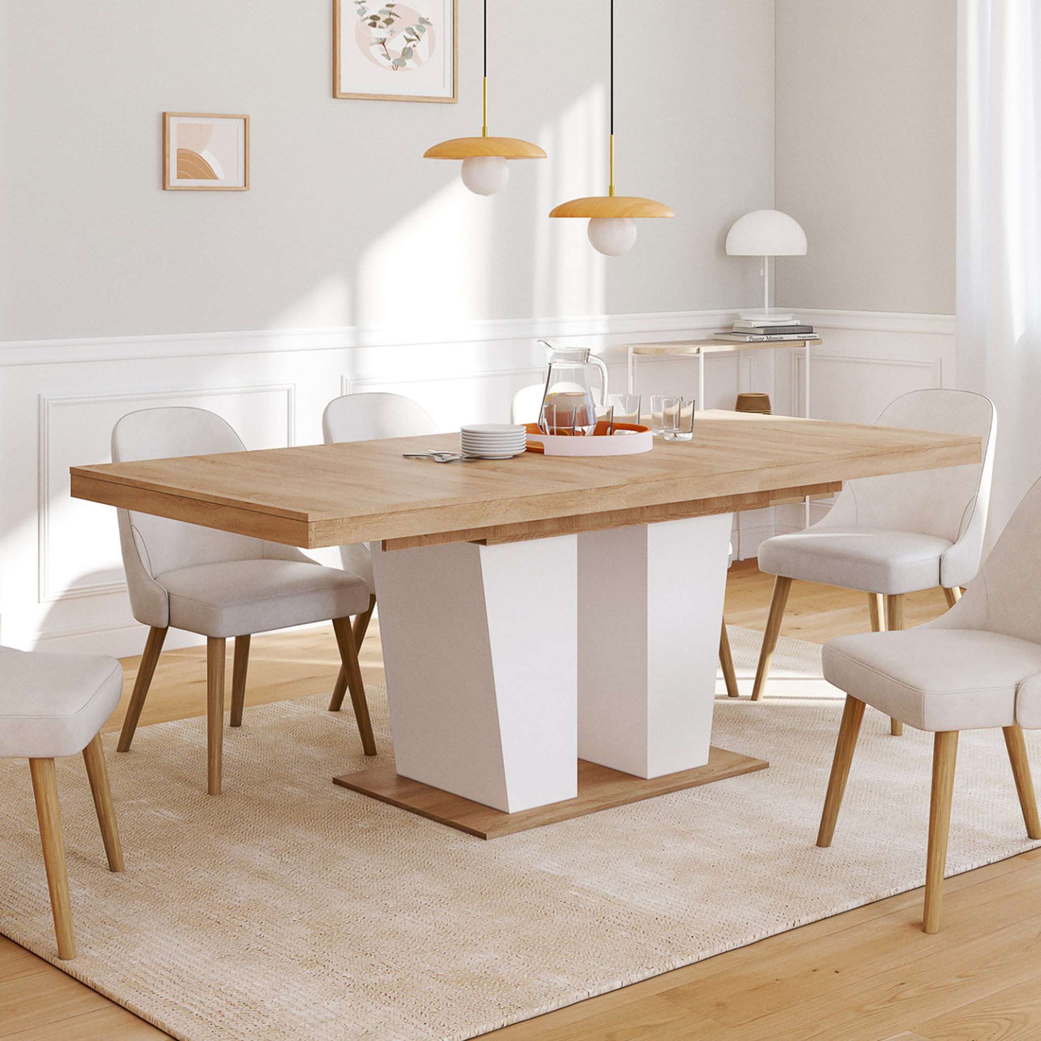 Voir la diapositive 2 : ID MARKET Table à manger extensible rectangle eliad 6-10 personnes bois et blanc 160-200 cm