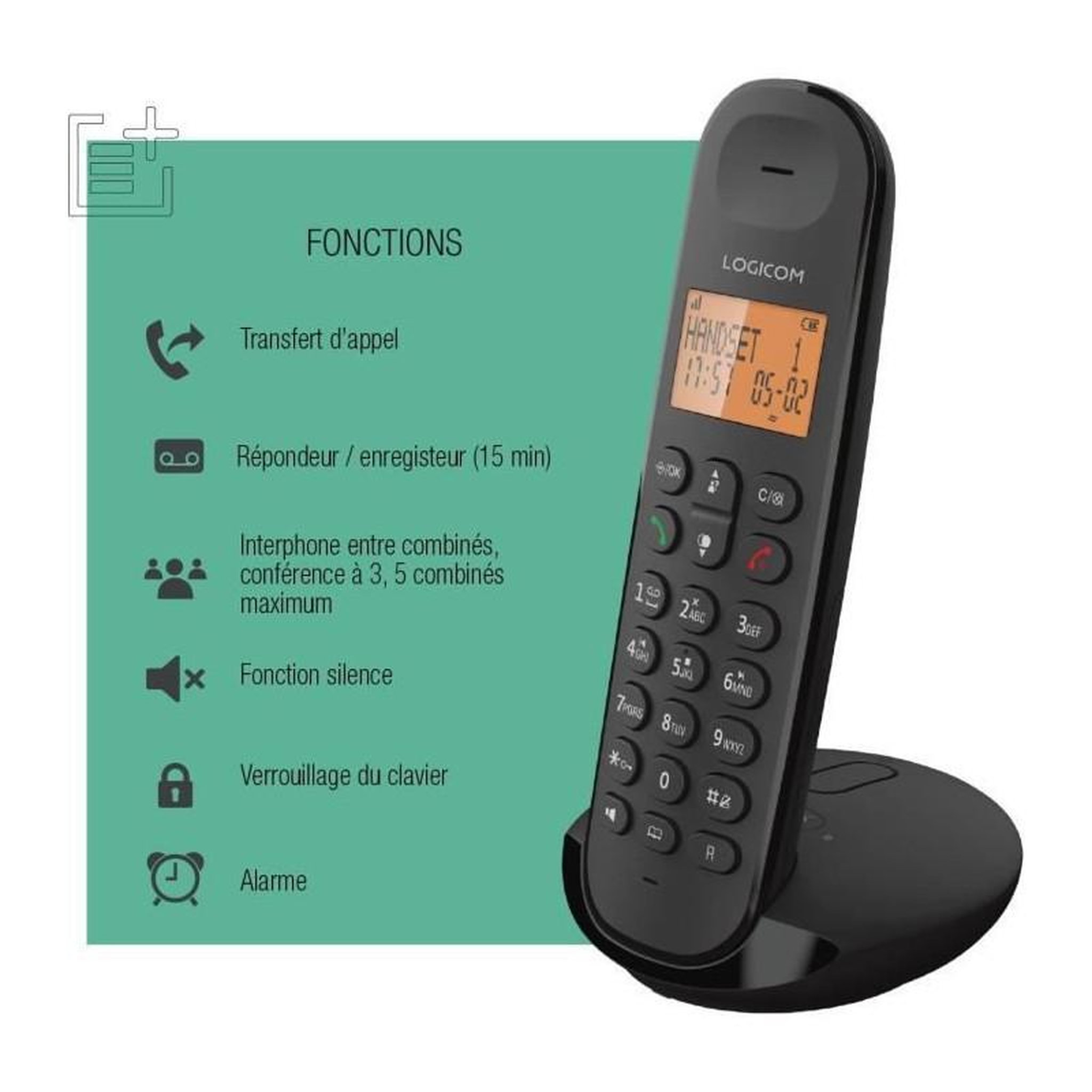 Voir la diapositive 6 : Logicom Téléphone sans fil Iloa Solo Répondeur Noir