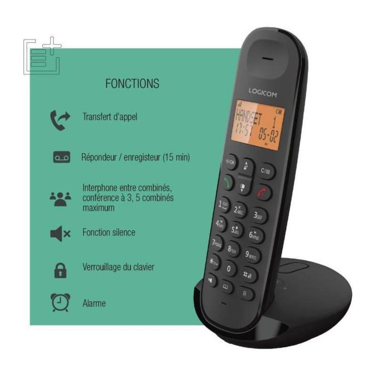 Logicom Téléphone sans fil Iloa Solo Répondeur Noir