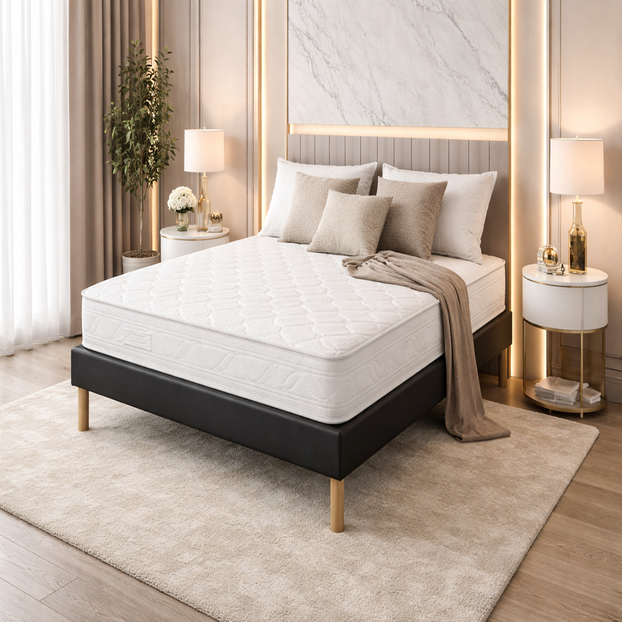 Voir la diapositive 1 : KING OF DREAMS Ensemble Sommier Tapissier et Matelas Mousse Polyuréthane