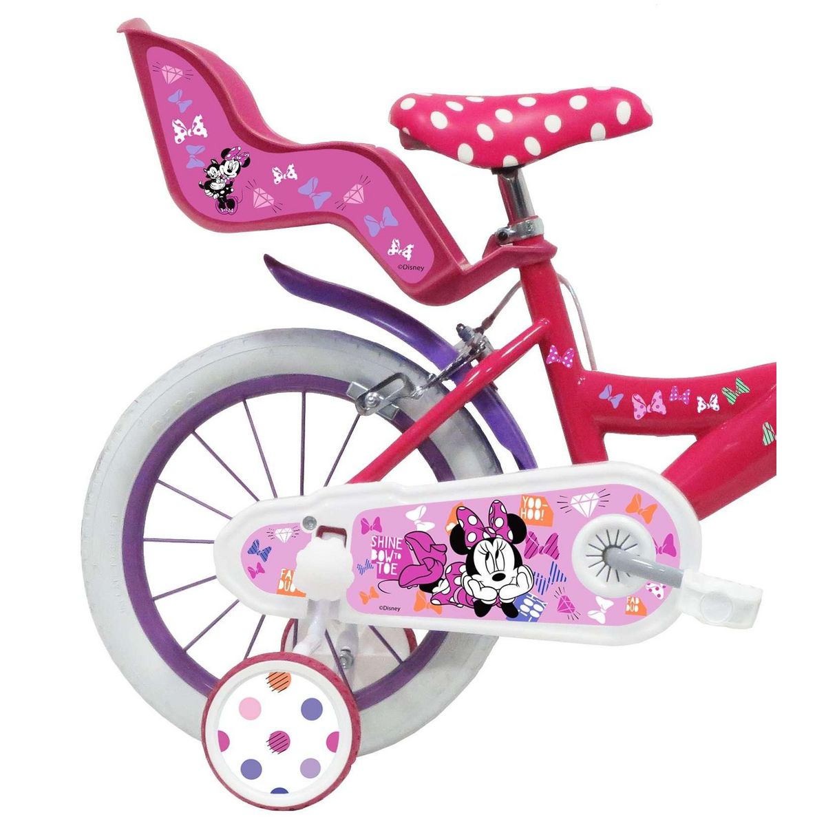 Disney Minnie Vélo enfant - Modèle 14'' Minnie + Casque pour enfant de 95/110 cm avec stabilisateurs - Panier avant - Porte poupée arrière - 2 freins et pneus gonflables