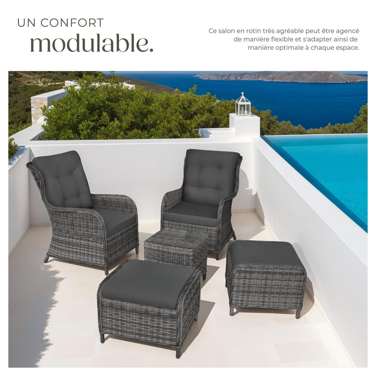 tectake Salon de jardin pour 2 à 4 personnes gris tacheté/gris