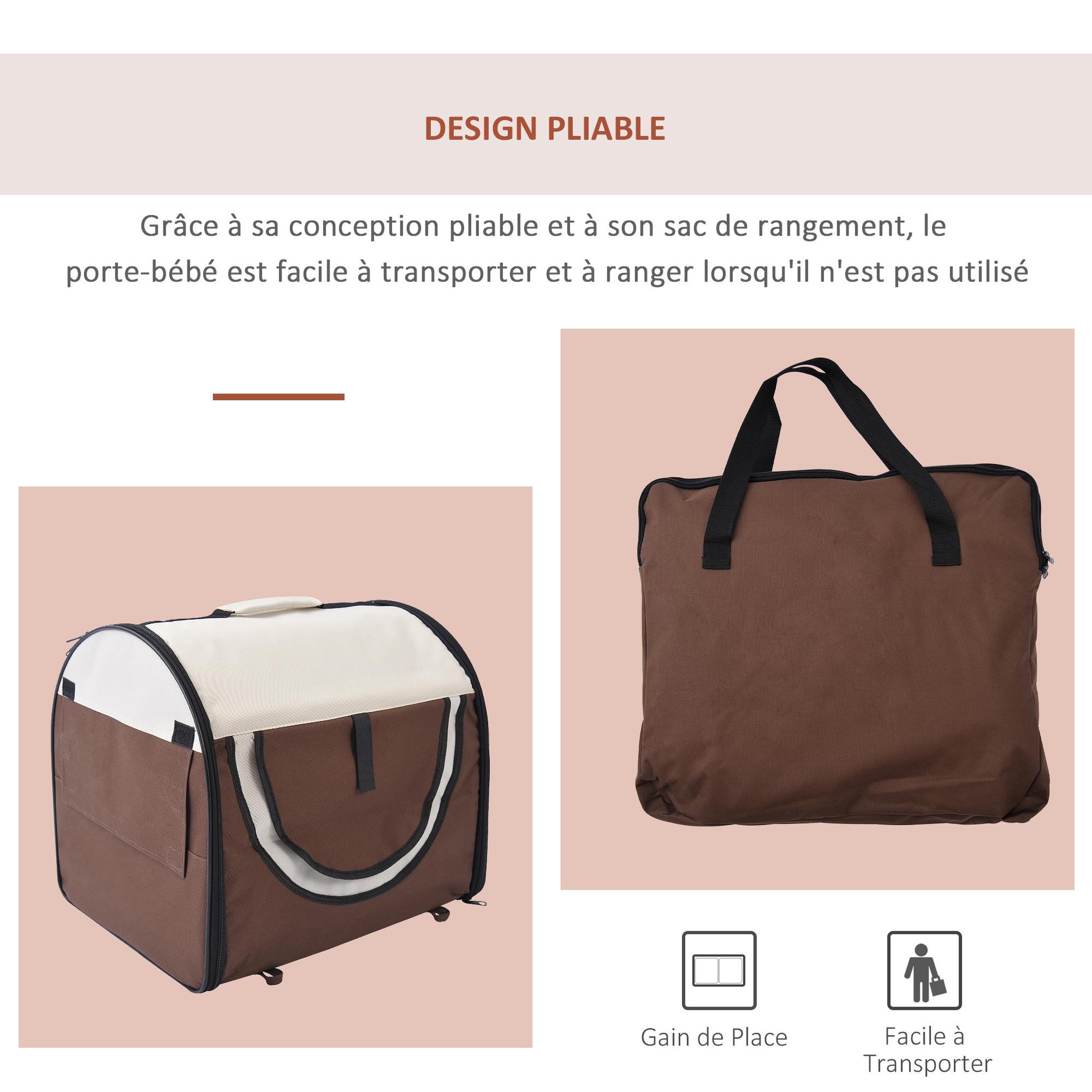 Voir la diapositive 4 : PAWHUT Sac de transport pour chien et chat pliable - poignée, entrée zippée, fenêtres maillées enroulables- coussin inclus - acier oxford marron beige